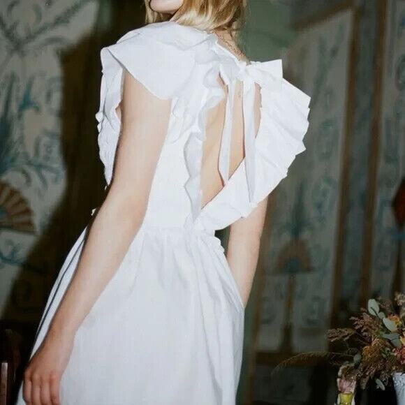 NWT Cleobella Mini Dress White Ruffled Smocked Waist Open Back Cotton V … - Picture 3 of 9